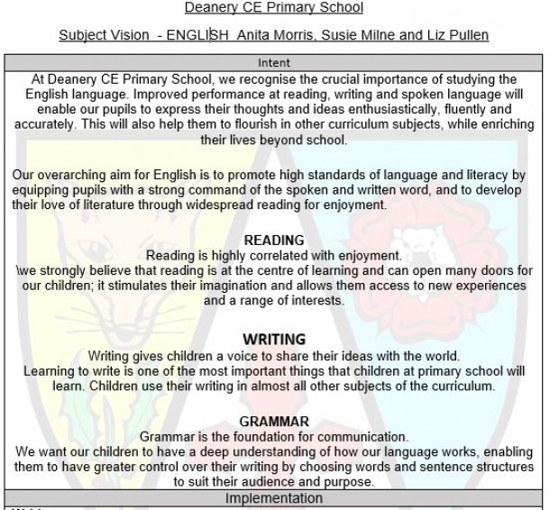  English  Vision  Deanery C of E Primary School